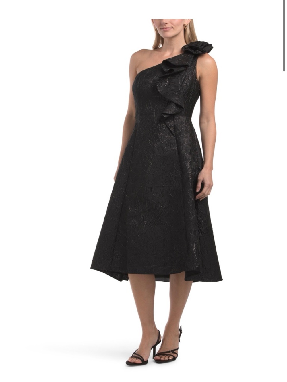 Rene Ruiz One-Shoulder Black Textured Ruffle Midi Dress